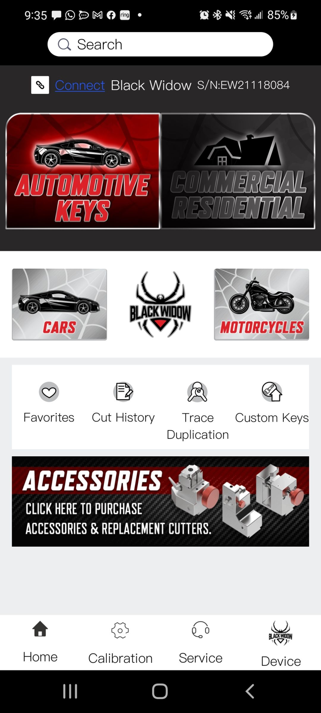 Black Widow V2 app home screen — Automotive and Commercial/Residential key categories, Favorites, Cut History, Trace Duplication, Custom Keys