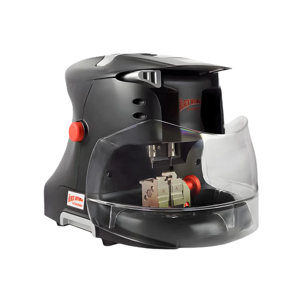 Black Widow computerized key cutting machine — black housing with red controls, clear protective shield and S1 four-way jaw